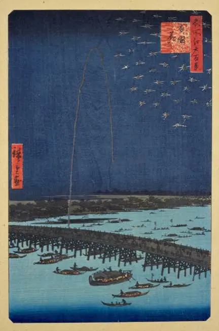 Auto-generated description: A vibrant ukiyo-e print depicting a busy river scene with boats under a wooden bridge at night, featuring a skyrocketing firework and a flurry of smaller bursts against a deep blue sky.