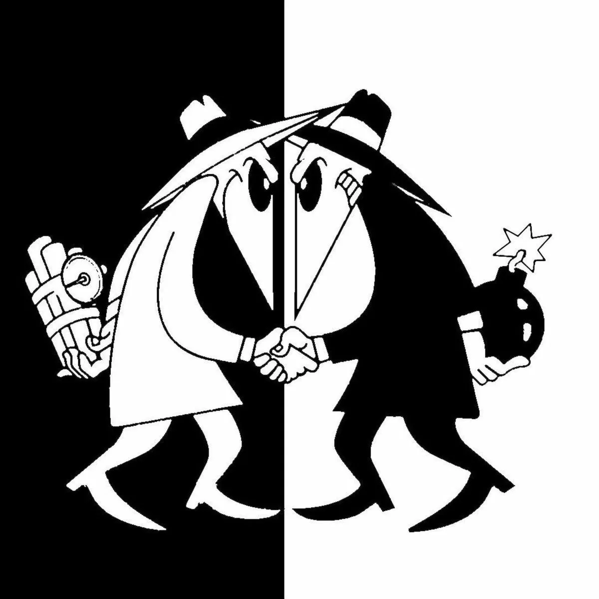 Auto-generated description: Two cartoon spies, one dressed in white and the other in black, are shaking hands while holding explosives behind their backs.