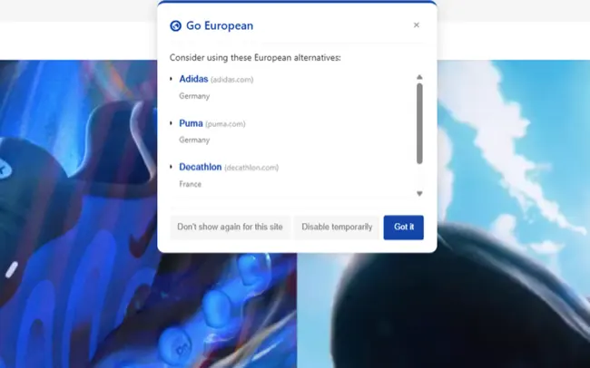 Screenshot of the Go European extension in action on the Nike website