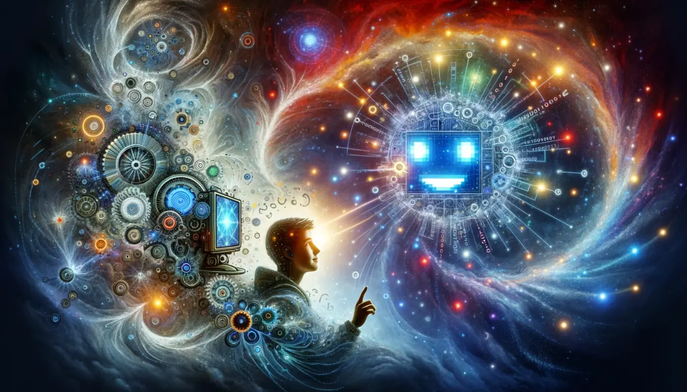 A digital artwork portraying a cosmic encounter between a human figure and an artificial intelligence, set within a widescreen aspect ratio. The human, represented in silhouette with an aura of contemplation, appears to be reaching towards the AI entity, which manifests as a collage of technological and celestial elements. Gears, circuits, and astral bodies intertwine to form the AI, centered around a vibrant screen, symbolizing its mind. Binary sequences and data streams spiral outward into a vast, nebula-streaked space, suggesting the infinite potential and reach of technology. The artwork's palette is rich with light and dark grays, punctuated by luminous points of bright red, yellow, and blue, all harmoniously woven into the starry backdrop of the universe. This image evokes themes of exploration, the melding of human intellect with AI, and the broader implications of such a fusion.