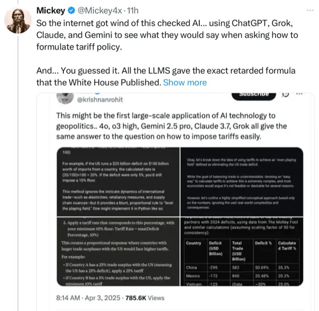A Twitter user comments on AI models providing similar tariff policy formulas as those published by the White House, displayed alongside a screenshot of a detailed AI-generated comparison chart.