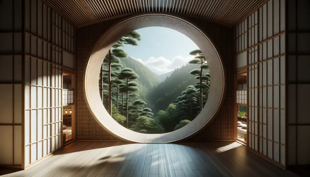 AI-generated image of Japanese-style room with circular window looking out to hills, trees, and a nature scene (alternative version)