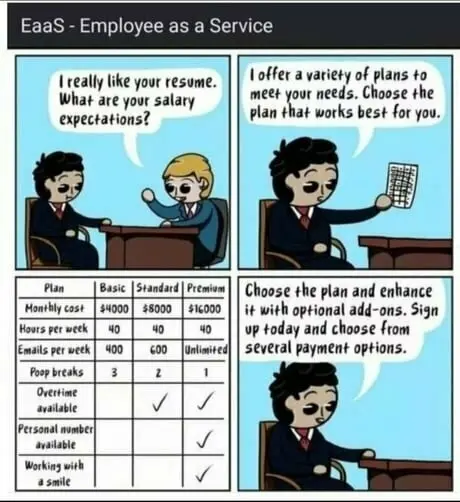 Interviewee explaining to interviewer that they have a 'variety of plans to meet your needs'. Things like overtime, personal number being available, and working with a smile are listed under 'Premium'.