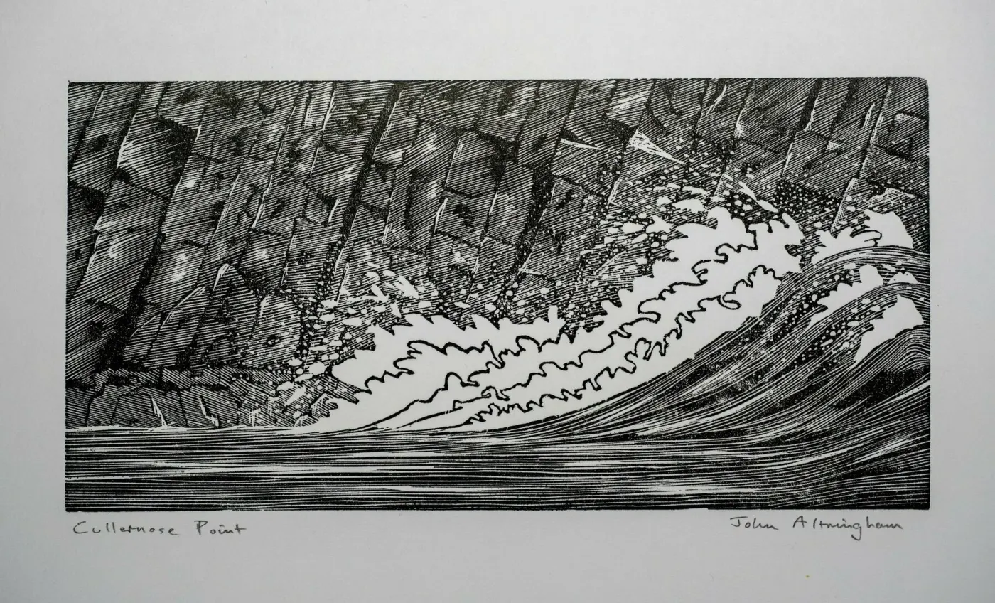 A black and white artwork depicts a dynamic and textured wave, giving off an impressionist or woodblock print style, signed at the bottom by the artist.