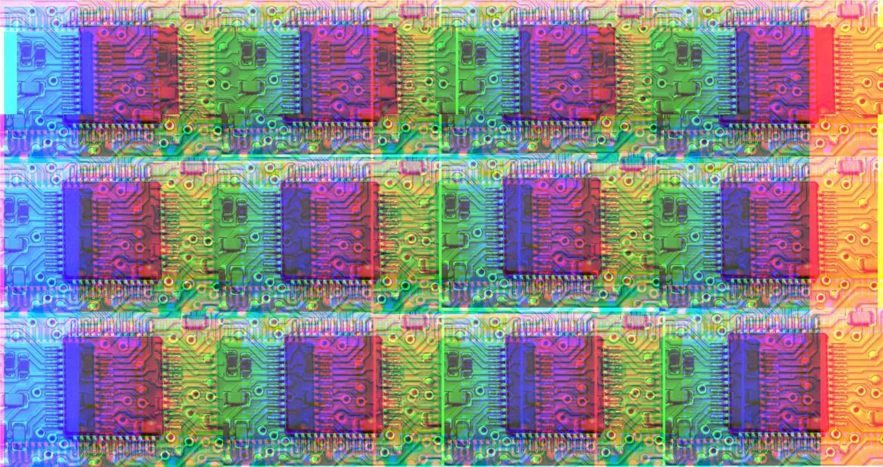 Auto-generated description: A vibrant, multicolored pattern of computer circuit boards repeats across the image.