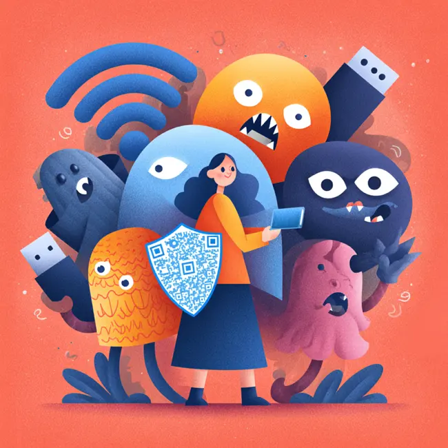 Auto-generated description: A woman stands with a phone and QR code shield surrounded by whimsical, colorful monsters on a vibrant orange background.