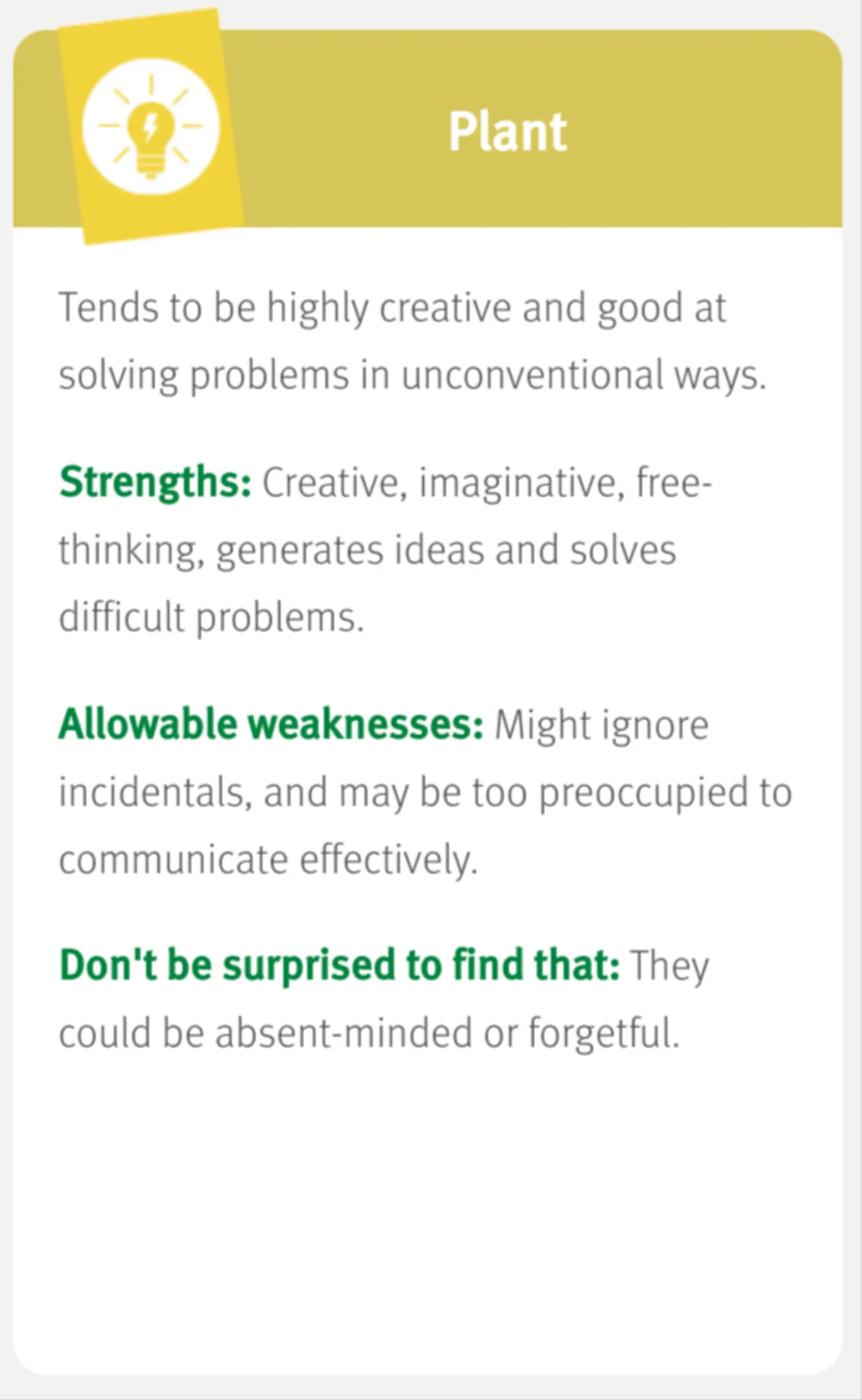 Belbin Team Roles: Plant description with strengths, allowable weaknesses, and concluding note.