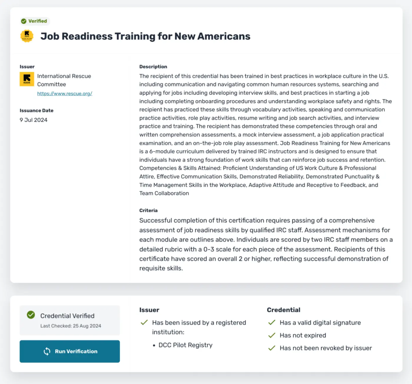 Screenshot of 'Job Readiness Training for New Americans' credential