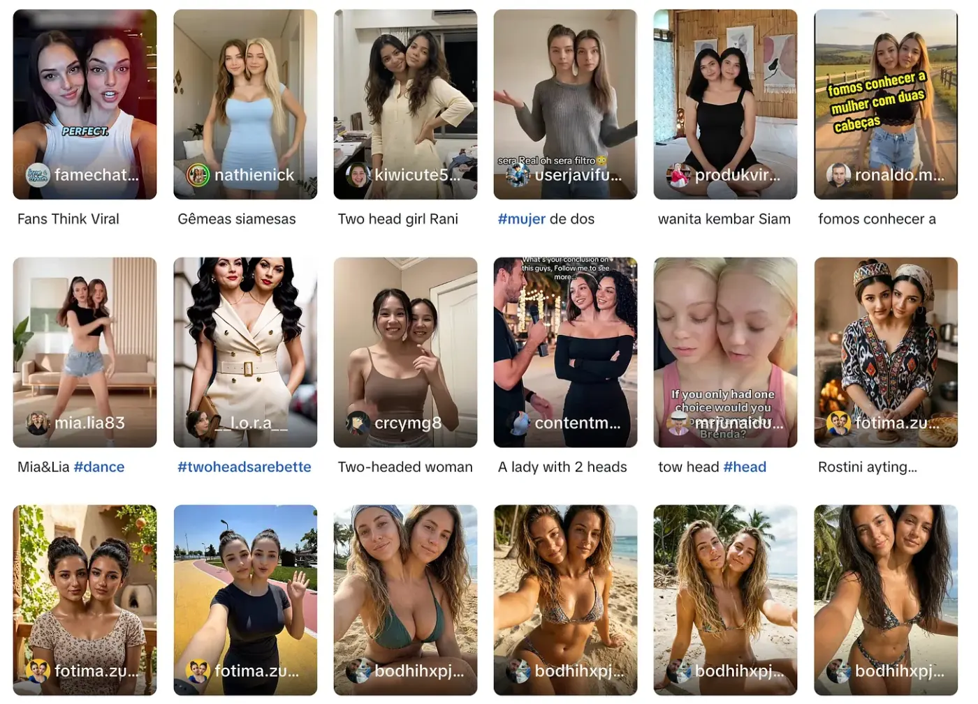 A wall of TikTok videos, all showing two-headed girls