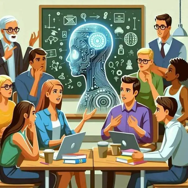 An illustrated group of diverse people in a meeting room, with a large chalkboard in the background featuring an intricate drawing of a humanoid robot head filled with gears and symbols representing various aspects of technology and thought. The group appears engaged in a discussion about artificial intelligence.