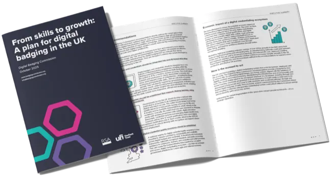 Auto-generated description: A booklet titled From skills to growth: A plan for digital badging in the UK is shown with its cover and opened pages visible.