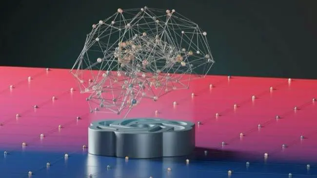 Auto-generated description: A digital rendering of a brain-like structure made of interconnected nodes and lines hovers above a circular platform on a gradient background.