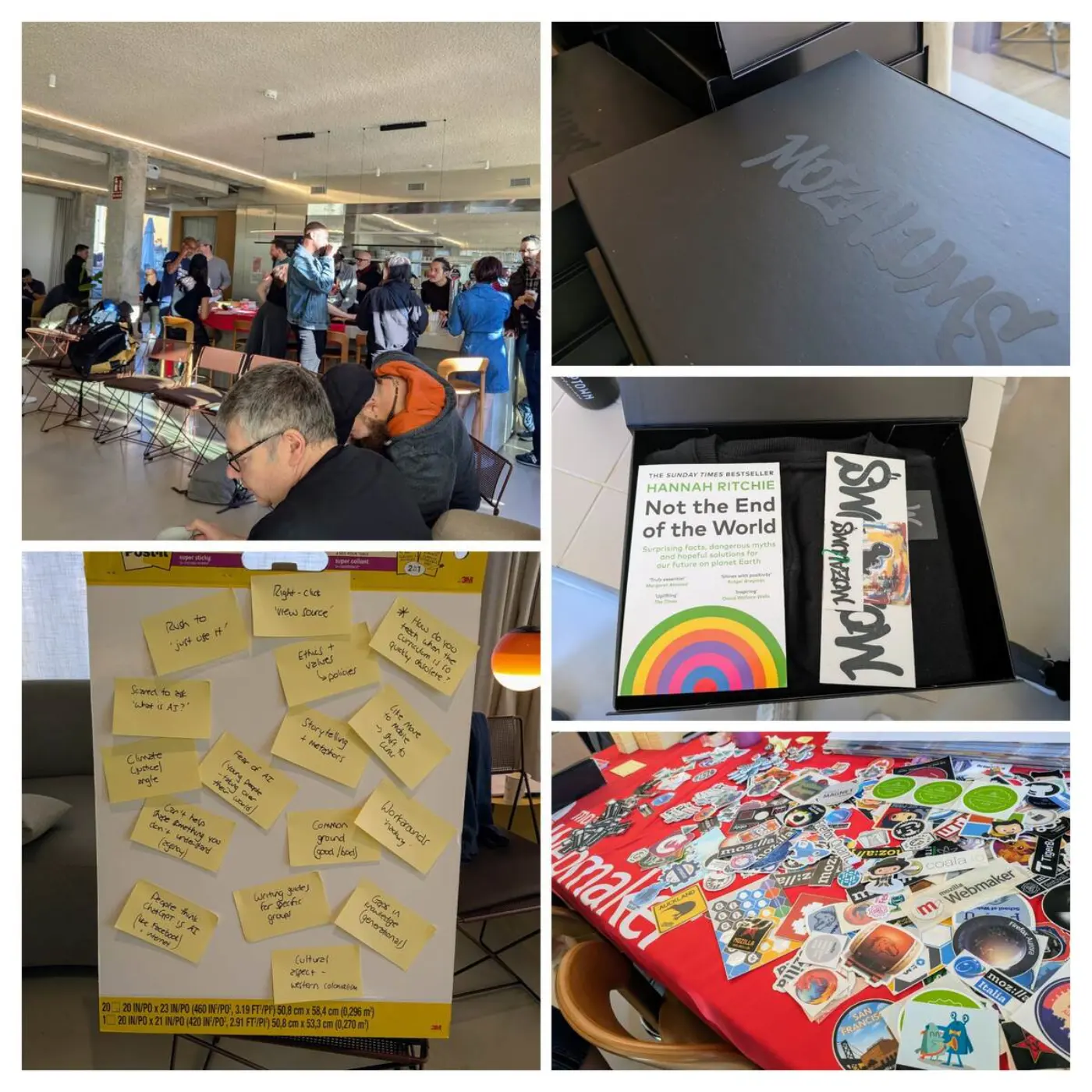 A collage of photos from the MozAlums event showing people, stickers, swag, and post-its