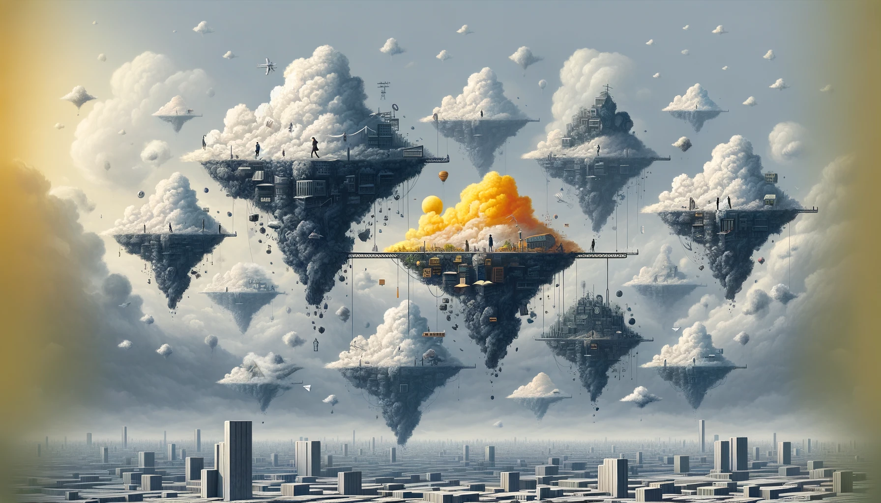 This image is a digital collage that layers photographic textures with digital painting. A monochrome urban landscape in dark gray symbolizes the conventional work environment, while vibrant pockets of red, yellow, and blue form miniature worlds floating above the city. These bubbles represent 'temporary autonomous zones' where individuals can engage in purposeless action and creativity, highlighting the contrast between the daily grind and the personal sanctuaries we create for ourselves.