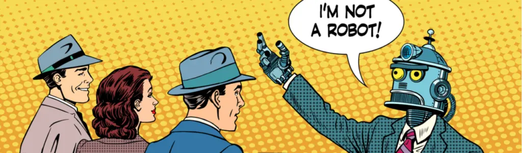 Robot saying "I'm not a robot" to people who look like journalists