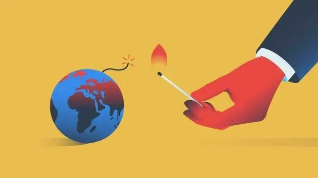 Illustration depicting the world as bomb and the hand of a billionaire going to light the fuse with a match