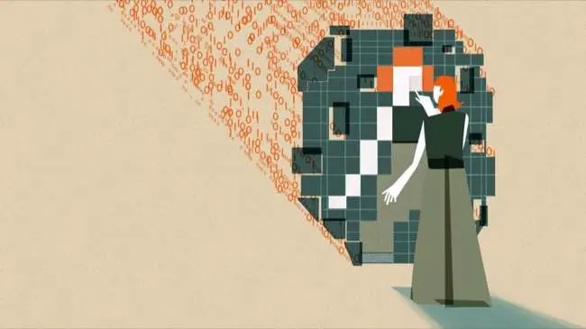 This image shows an individual with orange hair interacting with a large, abstract digital mirrored structure. The structure is composed of squares in varying shades of green, orange, white, and black which are pieced together to reflect the individual’s figure. The figure's hand is extended as if pointing to or interacting with the mirrored structure. Behind the  structure are streams of binary code (0s and 1s) in orange, flowing towards the digital grid.