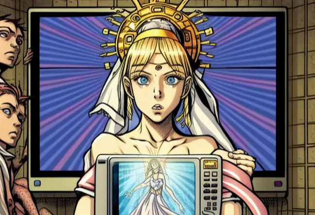 AI created with Midjourney prompt: "religion of technology | manga | hypnotic --aspect 3:2 --no text words letters signatures"