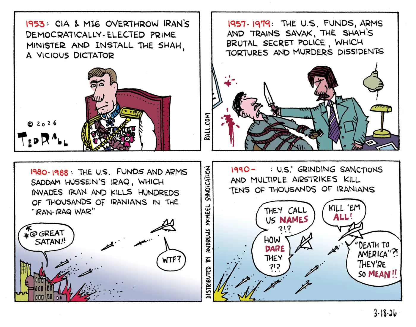 Auto-generated description: A comic illustrates historical U.S. involvement in Iran, depicting events from 1953 to 2020 with a critical and satirical lens on foreign policy and its consequences.