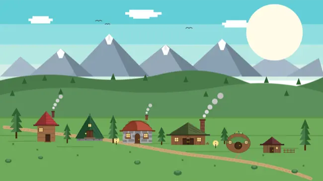 Auto-generated description: A serene landscape depicts small houses with smoking chimneys, a path, rolling green hills, and snow-capped mountains under a bright sun.
