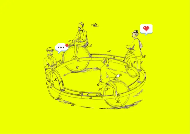 Auto-generated description: Four people on a circular bicycle-like apparatus engage in conversation, with pixelated speech bubbles above them.
