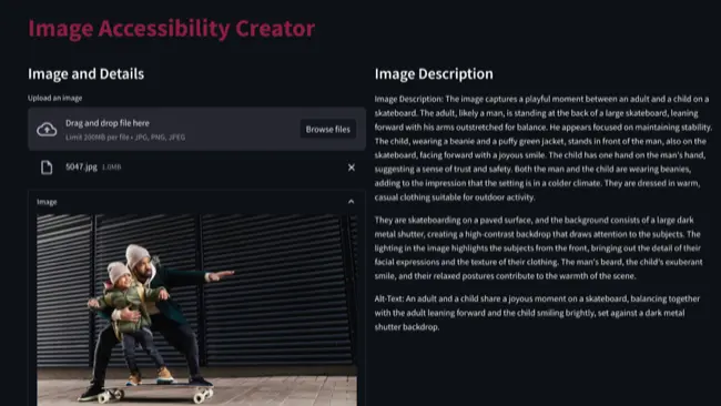 Screenshot of webapp, with image on the left, and generated text on the right