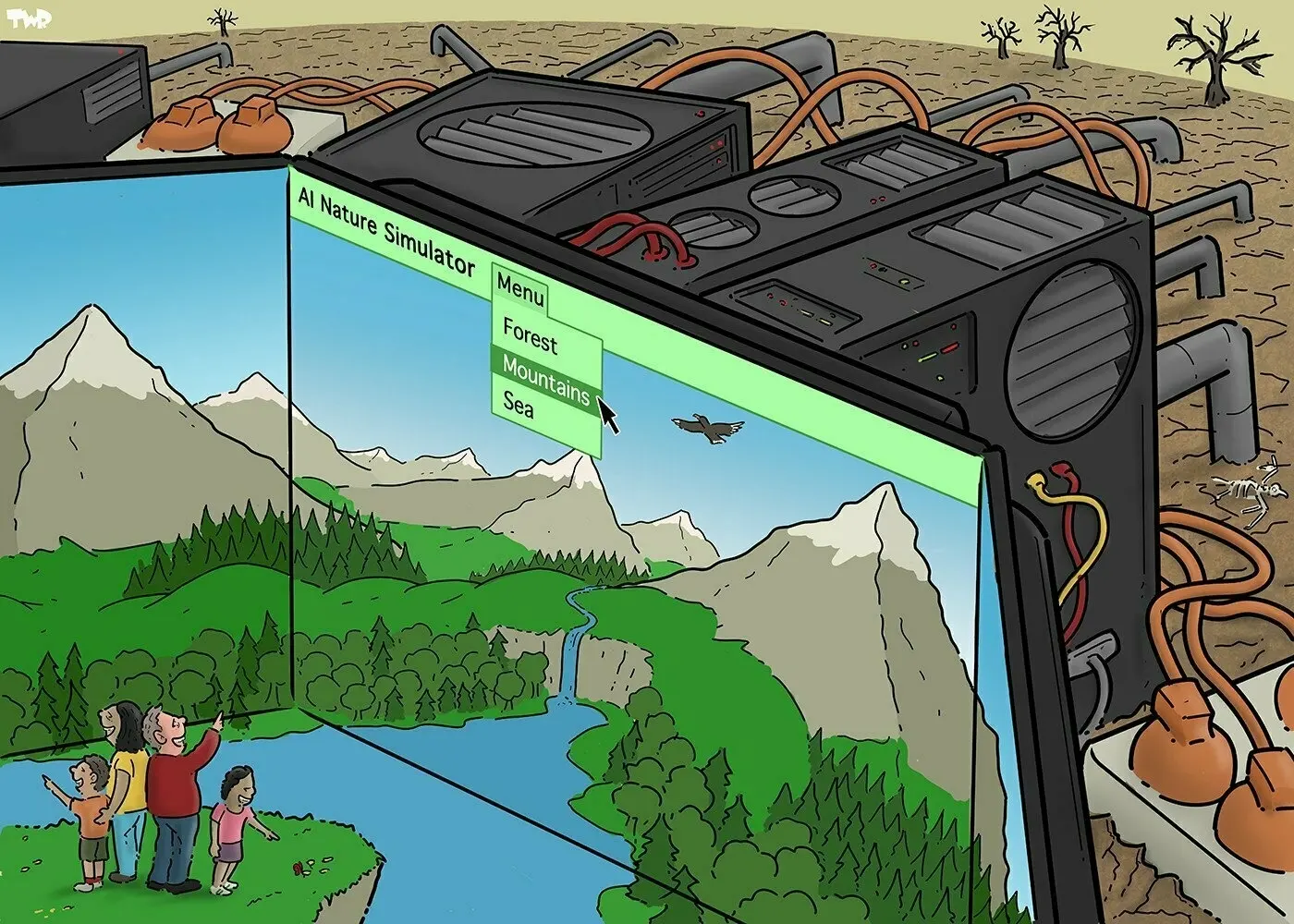 A family looking at an 'AI Nature Simulator' screen while the real environment outside the simulator is barren and desolate.