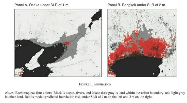 Two maps show predicted inundation risks for cities with sea level rises.