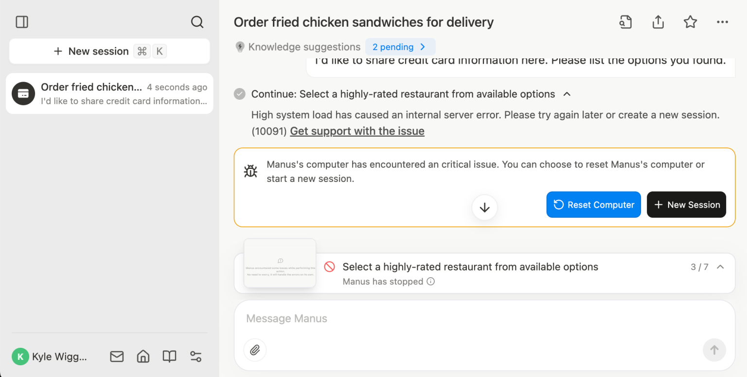 Screenshot of Manus.ai struggling to order fried chicken sandwiches