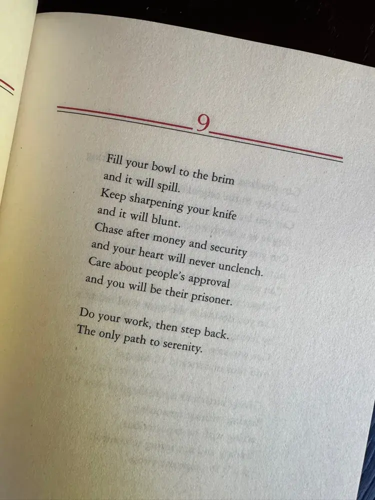 Auto-generated description: A page from a book contains text reflecting on moderation, material desires, and seeking approval, culminating in advice on attaining serenity.