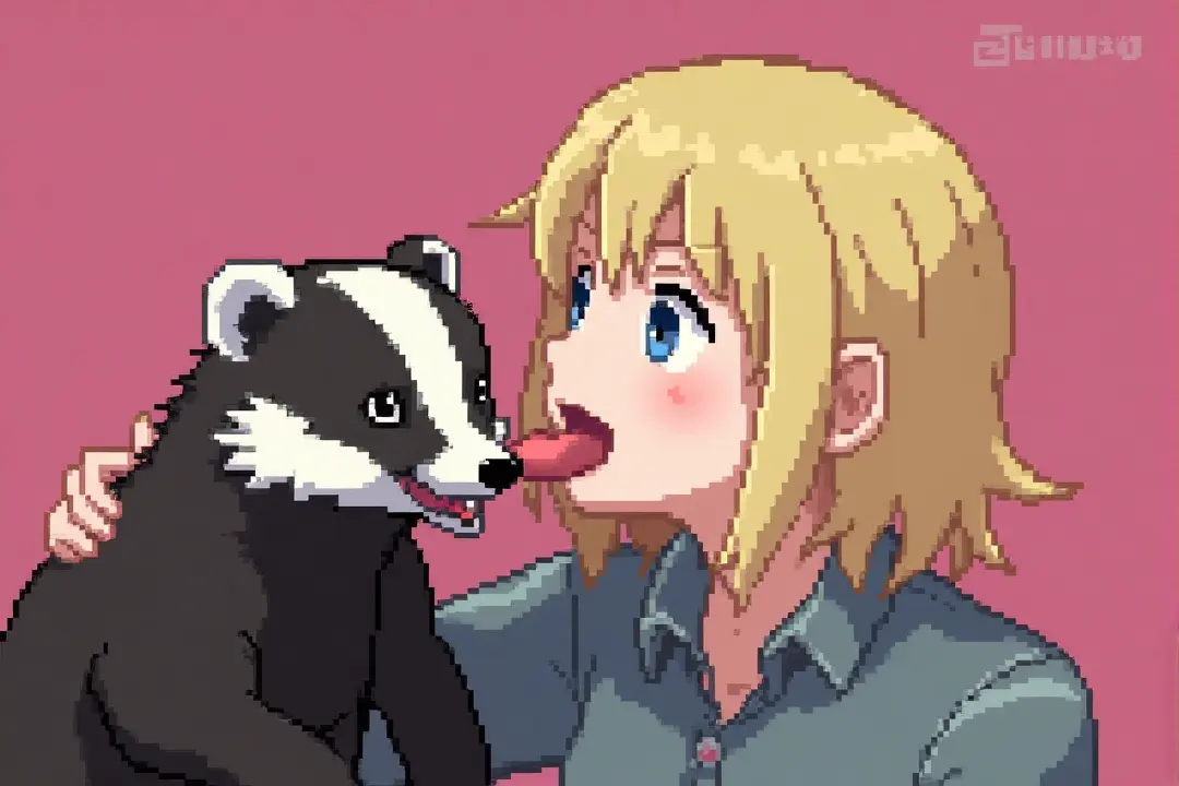 Pixel art showing a blonde character licking a cartoon badger against a pink background.