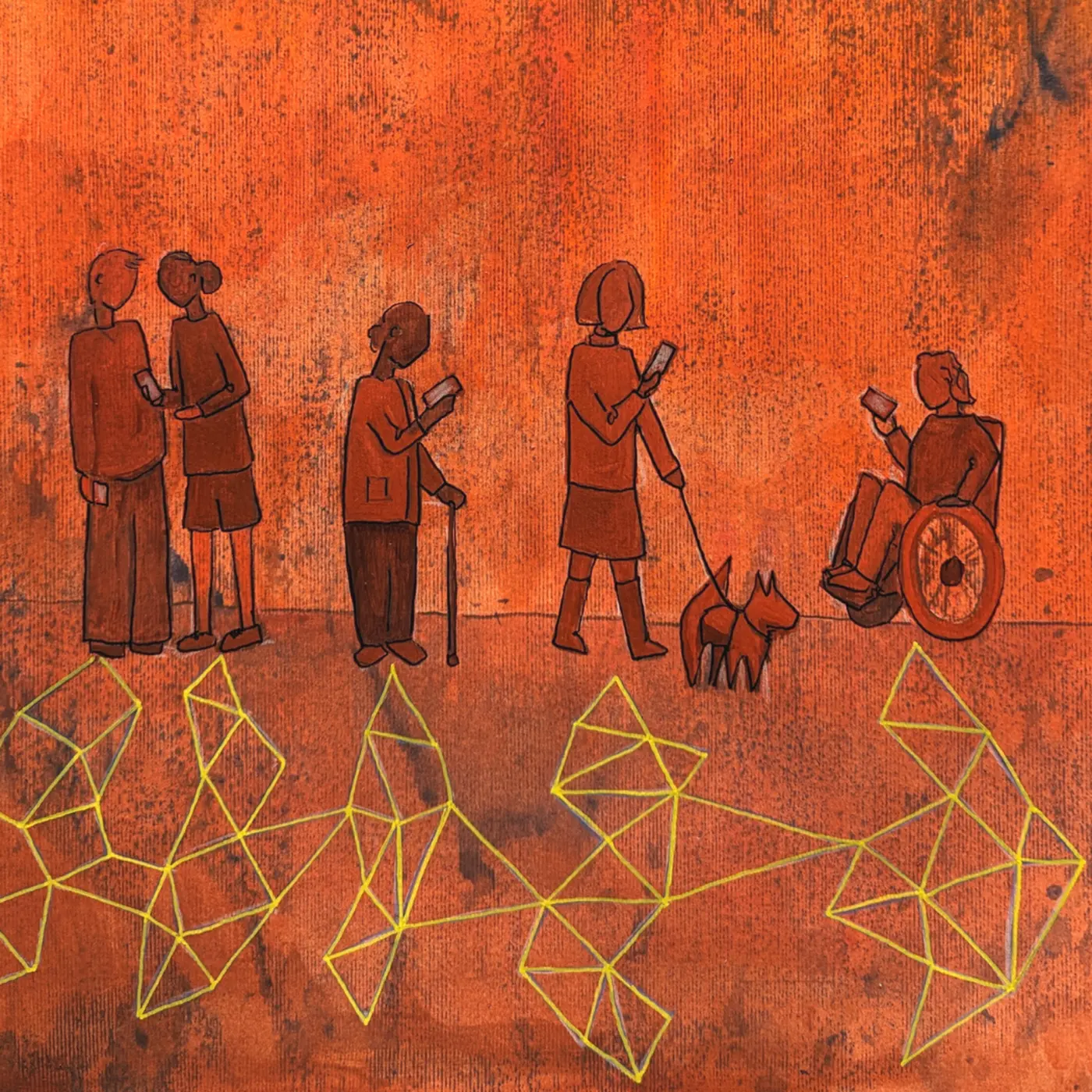 Five people and a dog are seen in outline in orange, against an orange background. Two of the people talk to each other, one stands along with her stick, one walks a dog, and the other is in a wheelchair. All of them look at their mobile phones intently, and all cast shadows on the ground. The shadows are made up of network diagrams, being representative rather than a literal shadow.
