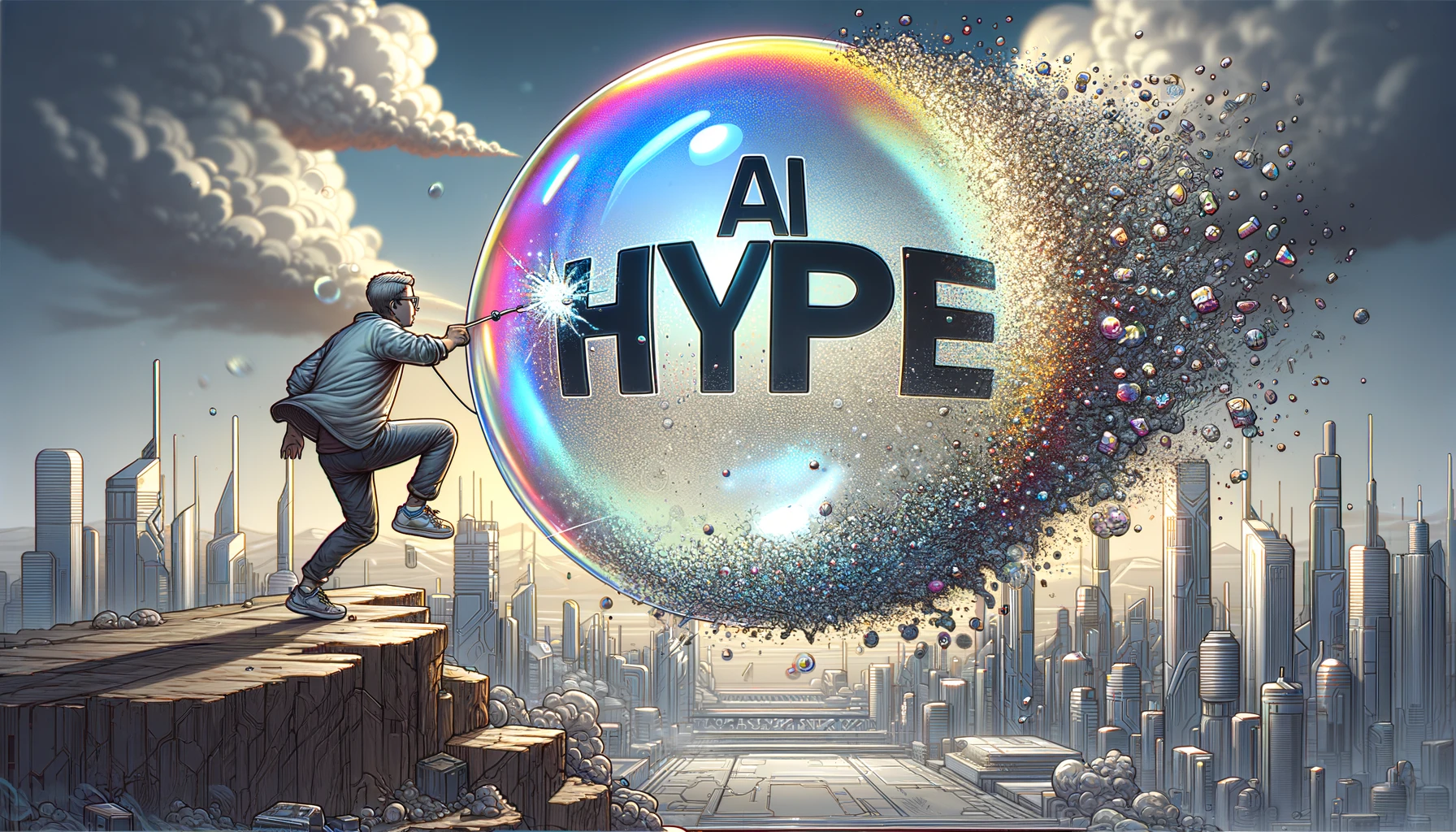 A figure resembling Ed Zitron pops a large, shimmering 'AI Hype' bubble against a tech city skyline, with digital particles and a palette of light gray, dark gray, bright red, yellow, and blue.