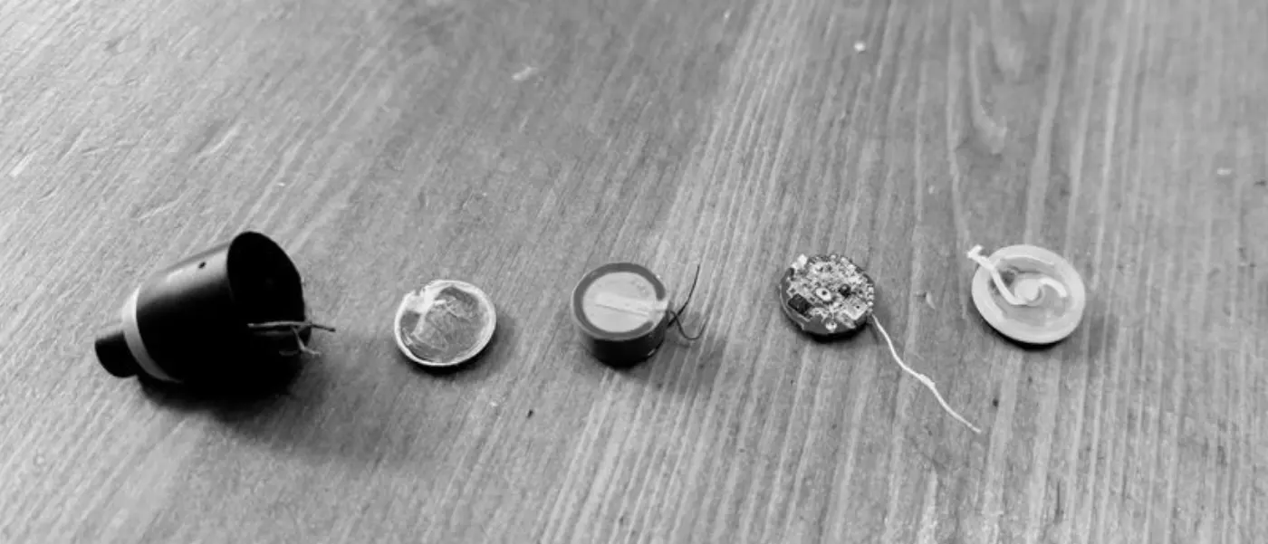 Photo of deconstructed Cambridge Audio Melomania earbud showing button, circuit board, battery, speaker, and casing.