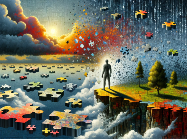 An abstract figure made of puzzle pieces stands at the precipice of a cliff, gazing out over a fragmented digital landscape. This landscape is scattered with floating islands, each carrying bits of digital content, code, and chatbots. The islands vary in vitality, some lush with digital flora and others barren, reflecting the diverse fates of content creators in an AI-dominated environment. Overhead, the sky is a canvas of transitioning patterns, from ordered data structures to a tumultuous binary code storm, portraying the uncertain future of the web.