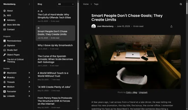 Screenshot of Joan Westenberg's blog with a 3-column them