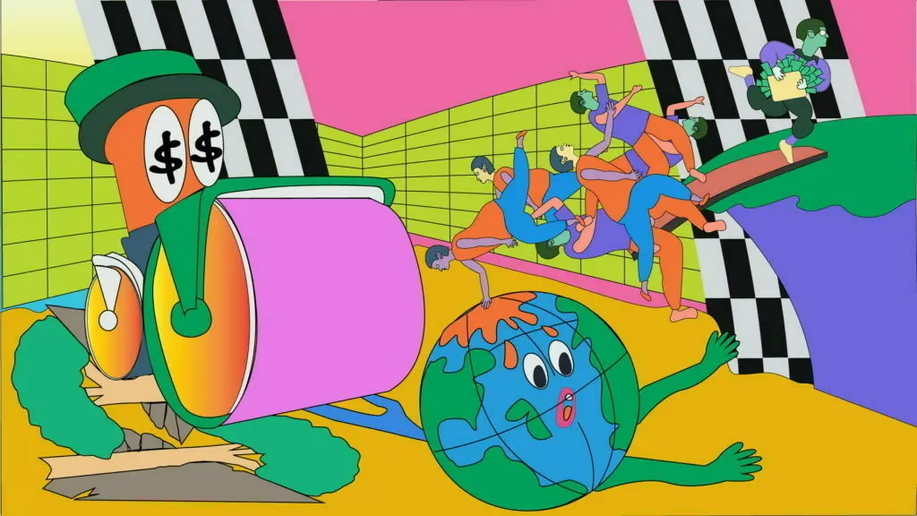 Psychedelic image representing billionaires steamrollering the earth
