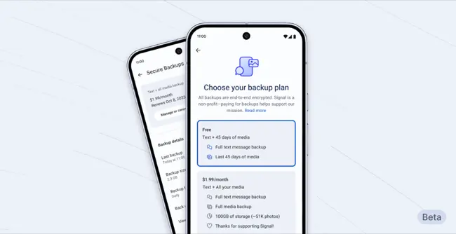 Screenshots of new Signal secure backups feature