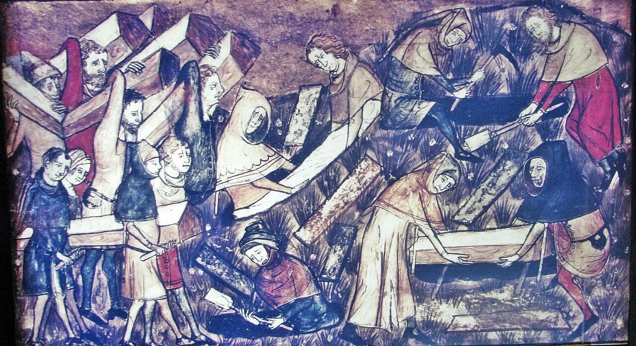 Exhibit depicting a miniature from a 14th century Belgium manuscript at the Diaspora Museum, Tel Aviv - en:Beit Hatefutsot. The museum note says 'The citizens of Toumai bury their dead during the black death. Miniature from manuscript, Belgium, 14th century'.