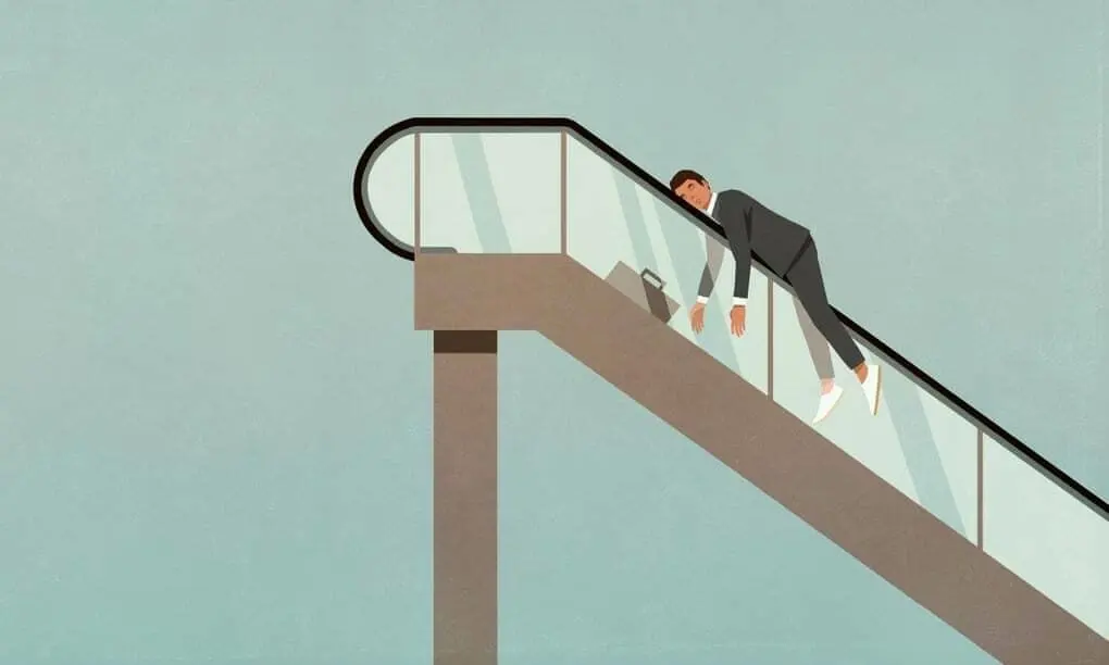 Escalator with man in suit asleep on it