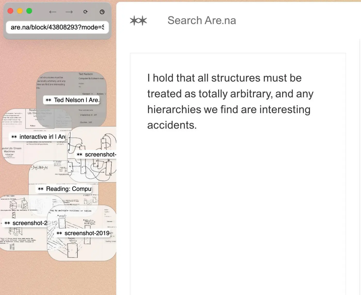 A digital browser window displays text about the arbitrary nature of structures and hierarchies, alongside various overlapping document previews on the left.
