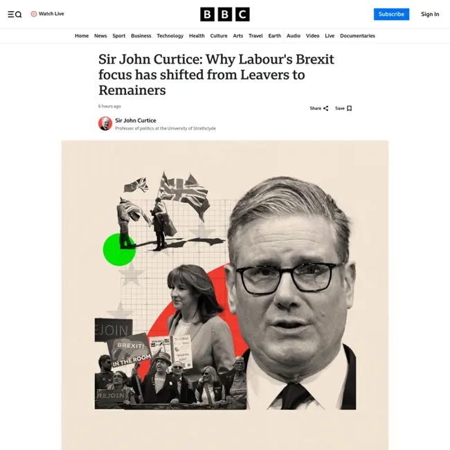 Auto-generated description: A collage features Sir John Curtice alongside a woman holding a Stop Brexit sign with a stylized checkered flag and European Union elements in the background, under a BBC headline about shifting Labour Brexit focus.