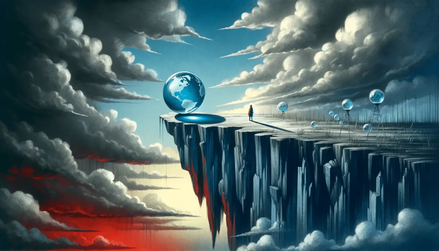 The image illustrates a fragile glass world on the edge of a cliff, with a lone figure in red standing at the brink, against a backdrop of light and dark gray skies.