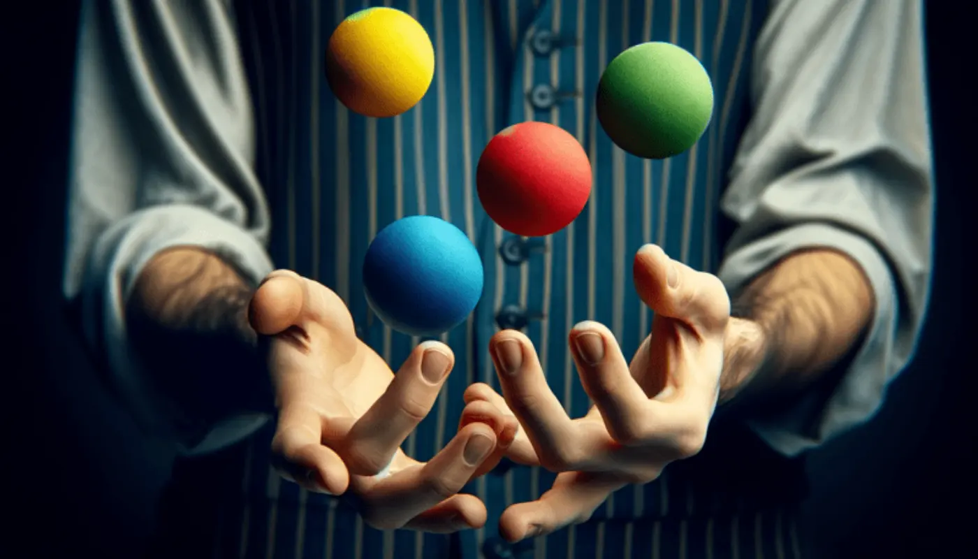 A juggler juggling four solid-coloured, slightly squishy balls against a blurred background. The balls are vibrant and distinct, coloured red, yellow, green, and blue, and are the focal point in the centre of the image, which is in a 16:9 aspect ratio. The juggler's movement is suggested by the position of the hands, but the juggler's body and the background are artistically out of focus to draw attention to the balls in motion.