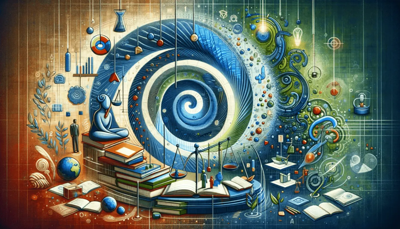 DALL-E 3 created abstract image, designed to visually convey the essence of reflective and reflexive practice in professional settings like teaching, research, and consulting. This composition symbolizes the journey of self-improvement, ethical considerations, and the integration of theory and practice in real-world scenarios.
