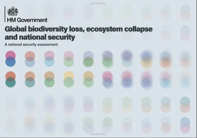 Auto-generated description: A report by HM Government titled Global biodiversity loss, ecosystem collapse and national security: A national security assessment features multicolored circular graphics.