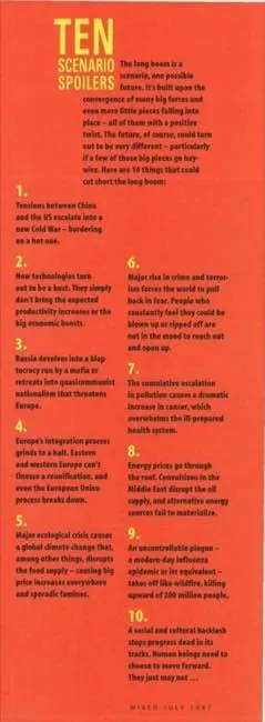 Ten scenario spoilers include tensions between China and US, new technologies "turn out to be a bust", Russia devolves into a kleptocracy, Europe's integration grinds to a halt, major ecological crises affect food supplies, major rise in crime and terrorism, rise in pollution increases prevalence of cancer, energy prices go through the roof, an uncontrollable plague hits, human progress halts because of a social and cultural backlash