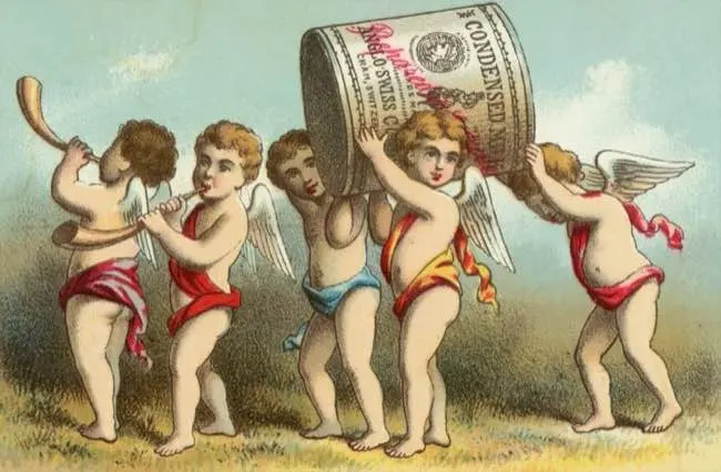 Auto-generated description: Five cherubs with small wings are carrying a large can of condensed milk while wearing colorful sashes.