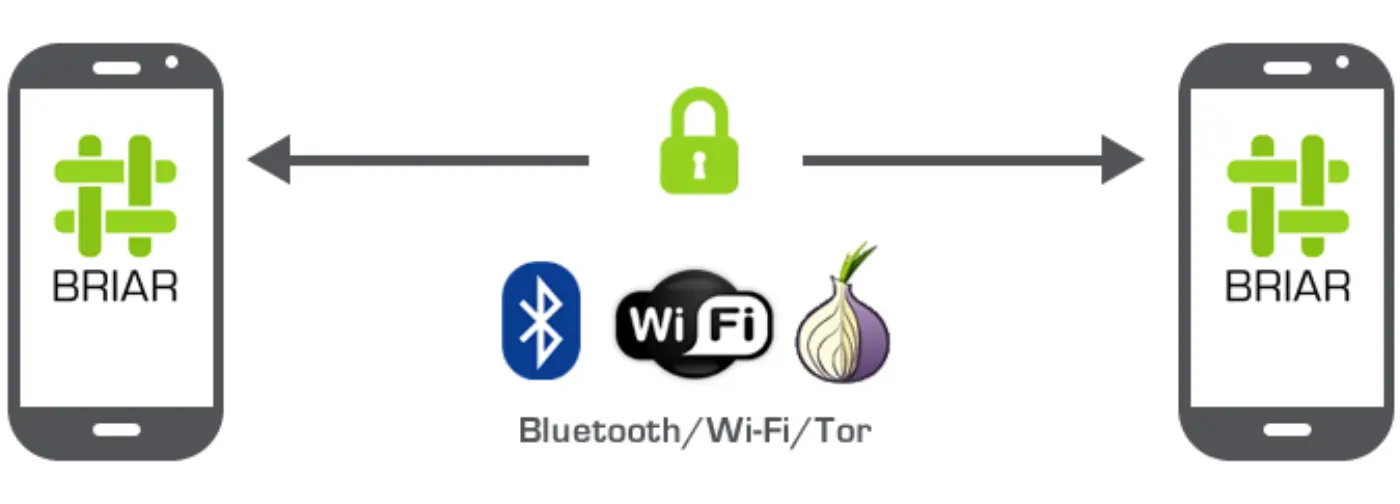 Diagram of Briar connections over bluetooth, wifi, and Tor
