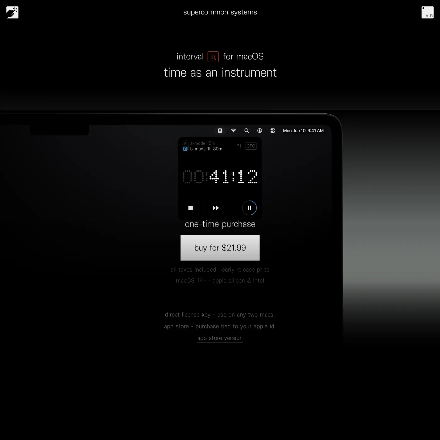 Auto-generated description: A website page features a product called interval for macOS, displaying a digital timer interface and a purchase button for $21.99.